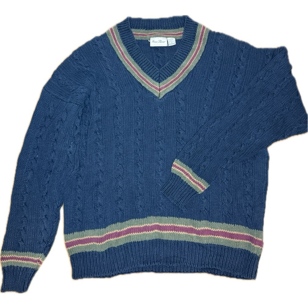 American Vintage Men's Blue and Navy V-Neck Cable Knit Cardigan Sweater Sz XL
